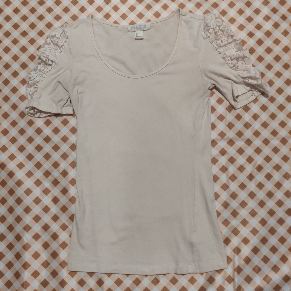 Forever 21 Medium Cream Top with Lace Shoulders